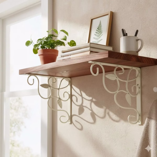 Leaf Ornate Floating Shelf Brackets, Designer L Angle Corner Supports, vintage shelf brackets, elegant home decor