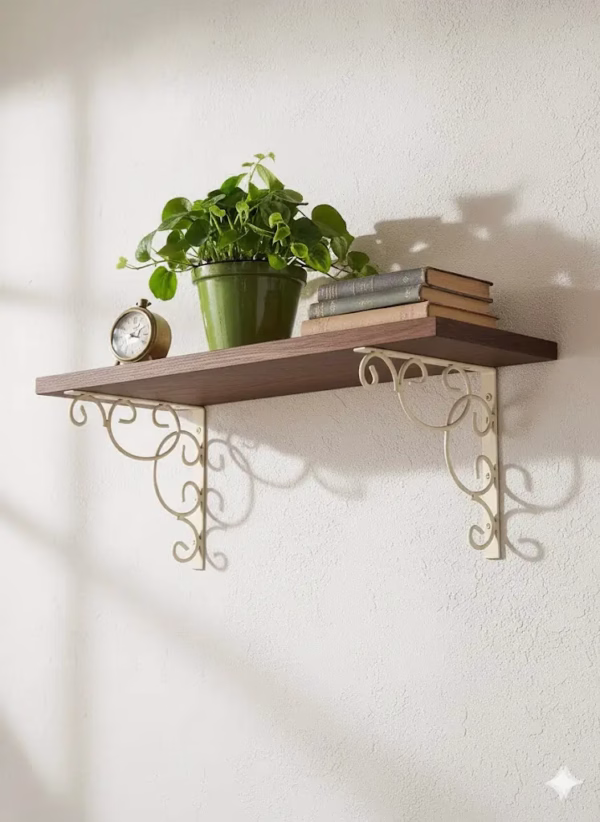 Floral Ornate Floating Shelf Brackets, Designer L Angle Corner Supports, vintage shelf brackets, elegant home decor
