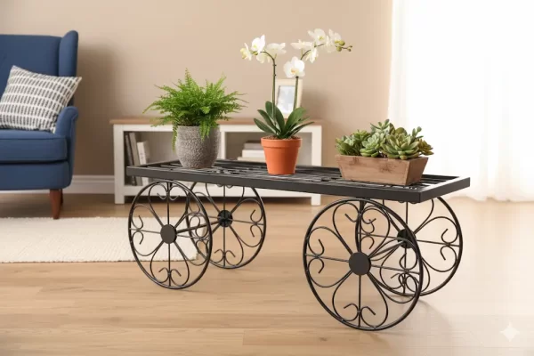 Vintage Cart Style Plant Stand, metal plant stand, flower pot display stand, iron stand for plants, garden decoration