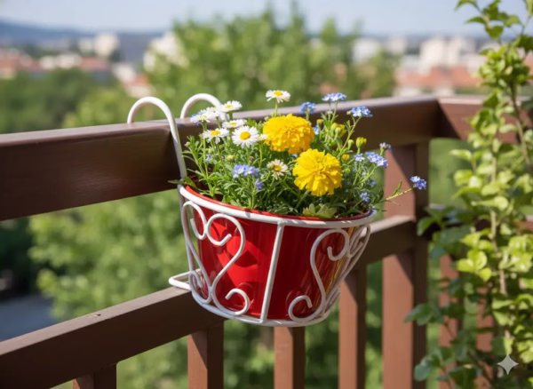 Vintage Hanging Basket, Balcony Railing Planter, Iron Metal Plant Stand, Outdoor Garden Decor