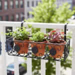 Vintage Floral Hanging Basket, Balcony Railing Planter, Iron Metal Plant Stand, Outdoor Garden Decor