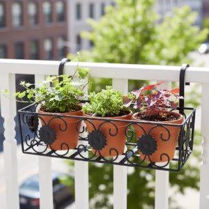 Vintage Floral Hanging Basket, Balcony Railing Planter, Iron Metal Plant Stand, Outdoor Garden Decor