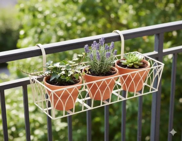 Vintage Hanging Basket, Balcony Railing Planter, Iron Metal Plant Stand, Outdoor Garden Decor