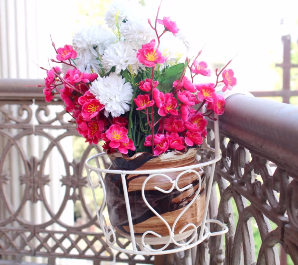 Vintage Hanging Basket, Balcony Railing Planter, Iron Metal Plant Stand, Outdoor Garden Decor