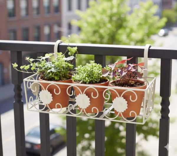 Vintage Floral Hanging Basket, Balcony Railing Planter, Iron Metal Plant Stand, Outdoor Garden Decor