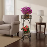 Two-Tier Scroll Tall Plant Stand, Metal Step Plant Stand, Balcony Garden Decor, Indoor/Outdoor Plant Holder